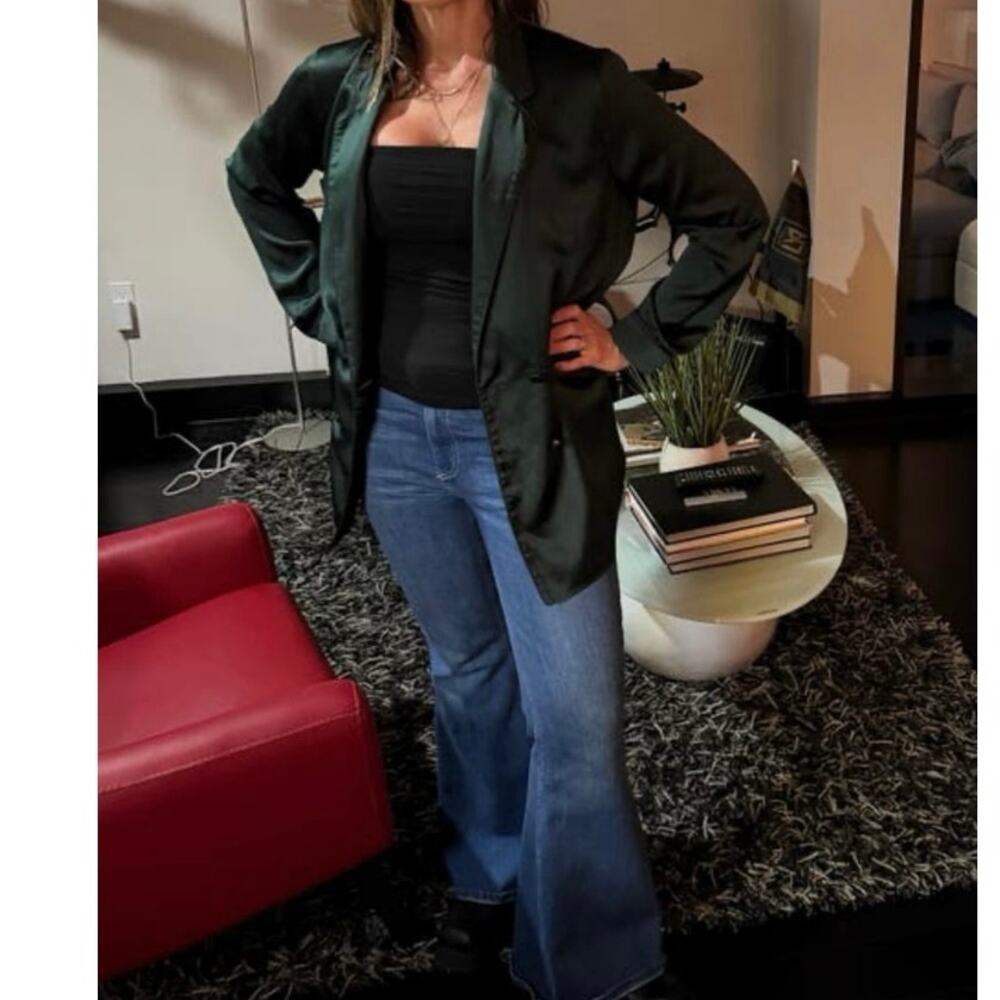 SILK LAUNDRY Dark Green 100% Silk Satin Relaxed Style Oversized Blazer Jacket M